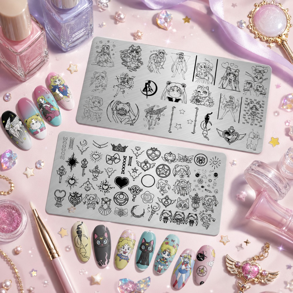 Nail Art Stamping Kit - セーラームーンアニメネイルスタンピングプレート、かわいい漫画キャラクターステンレススチールネイルアートテンプレートDIYマニキュア用