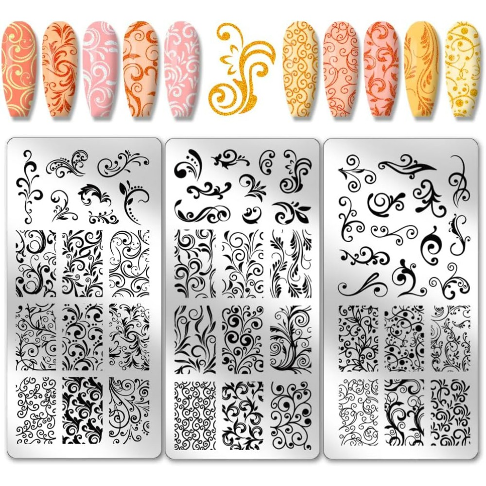 Nail Art Stamping Kit - 3 個スワールパターンネイルアートテンプレートフレンチネイルスタンピングプレート 52 パターン植物花ネイルアートステンシルステンレス鋼