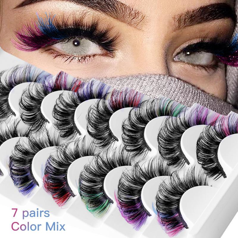 False Eyelashes Natural - 7ペア カラフルつけまつげ 3Dミンクカラー DDカール ふわふわまつげ ロシアンボリューム