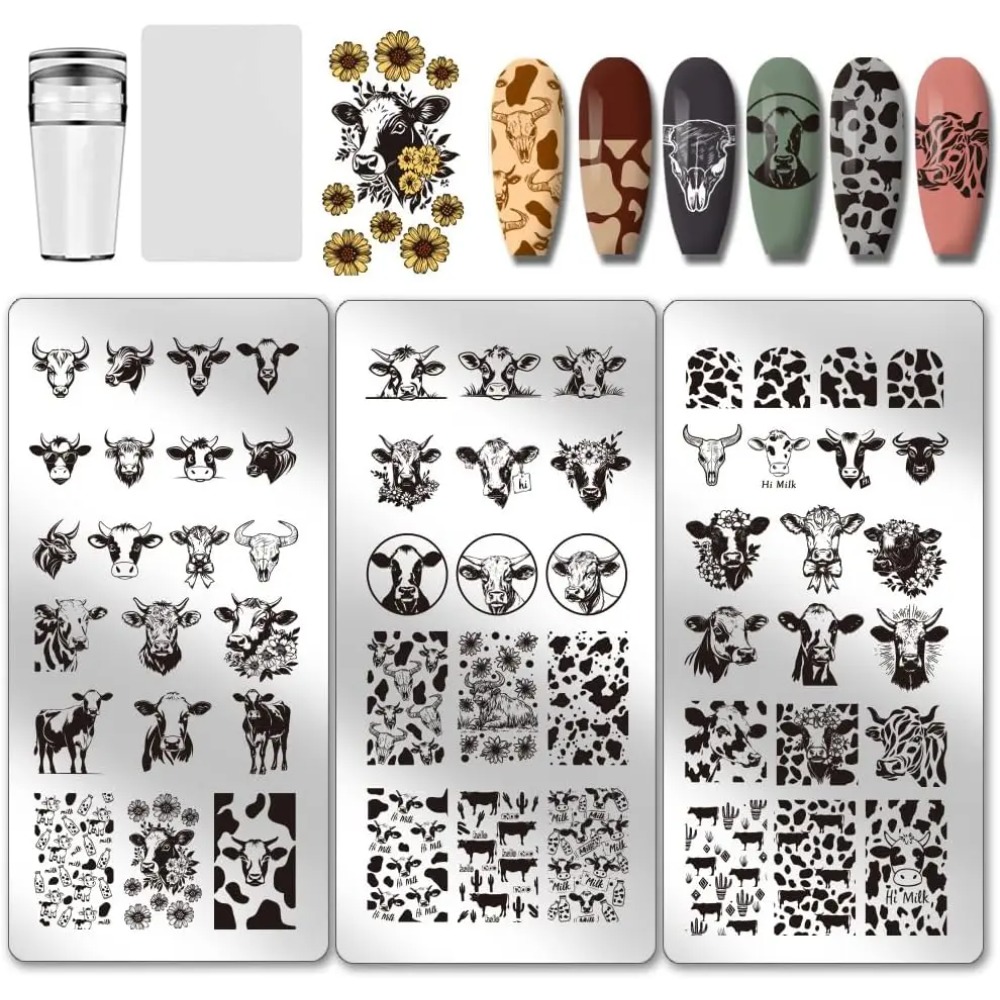 Nail Art Stamping Kit - 3 個の牛テーマネイルスタンピングプレート 56 パターン牛の斑点ネイルアートステンシルかわいい動物マニキュアアートテンプレートヒョウの爪