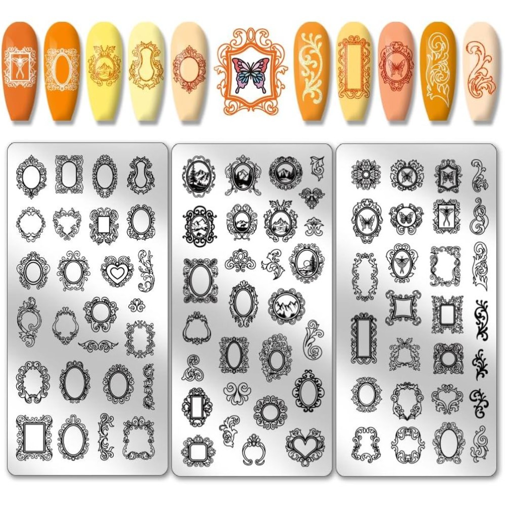 Nail Art Stamping Kit - 3 個ヴィンテージ写真フレームネイルスタンピングプレート混合フォトフレーム風景ネイルアートテンプレートネイルアートステンシルイメージプレート