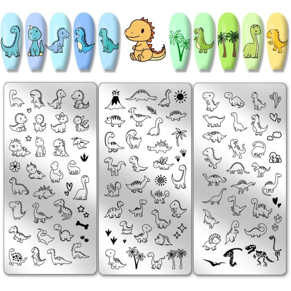 Nail Art Stamping Kit - 3 個の恐竜ネイルスタンピングプレートかわいい小さな恐竜ネイルアートテンプレート愛太陽植物ステンシルステンレス鋼イメージプレート